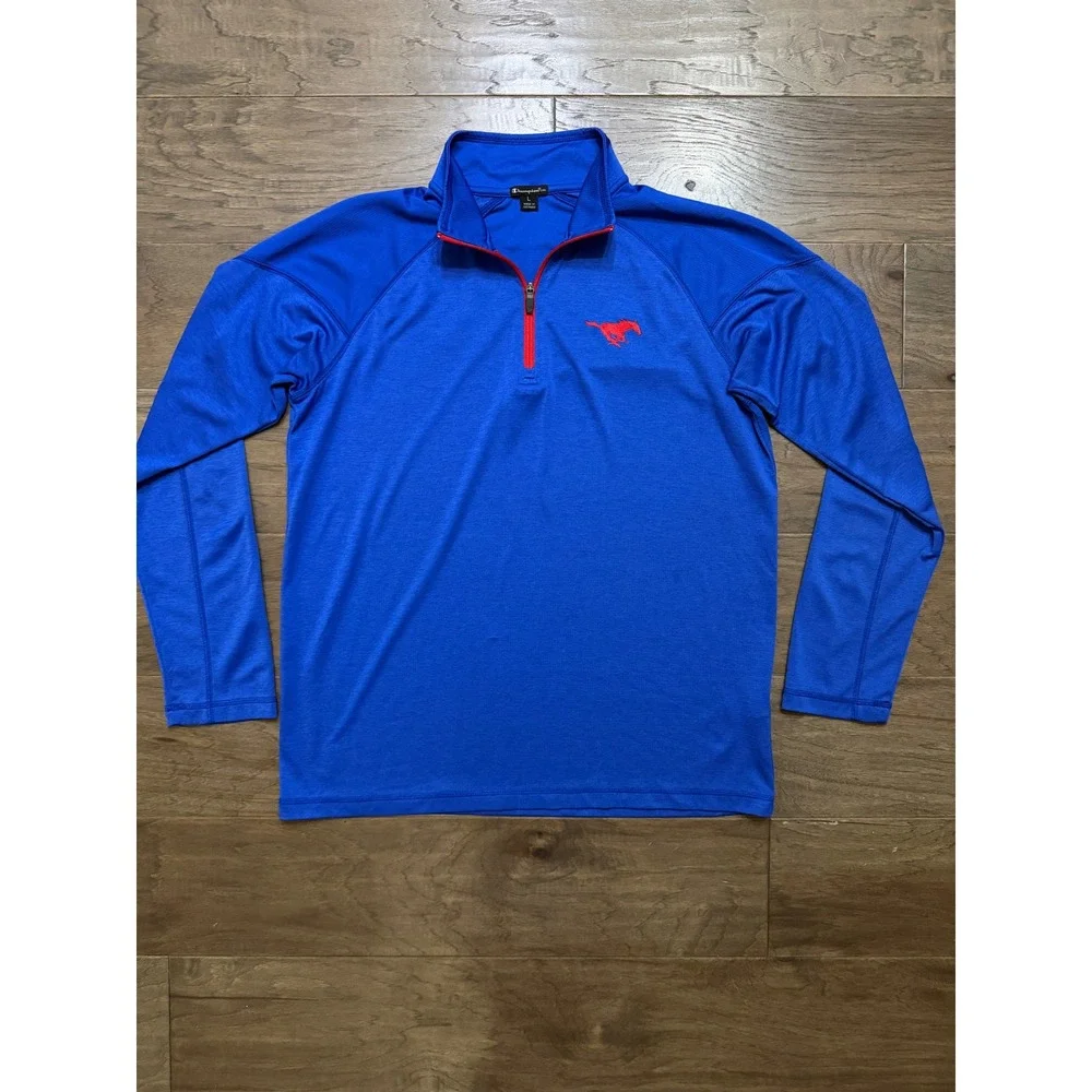 Champion Elite Mens Royal Blue‎ Quarter Zip Mustang Logo Performance Pullover L